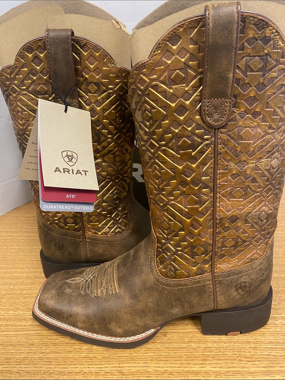 Ariat Tan and Brown Embossed Leather Western Boots